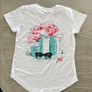 Kids White Graphic Tee with Pink and Blue Design